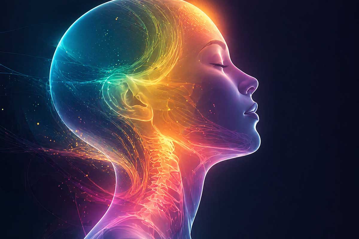 Profil lumineux représentant le lien entre les émotions, le cerveau, le cou et le corps